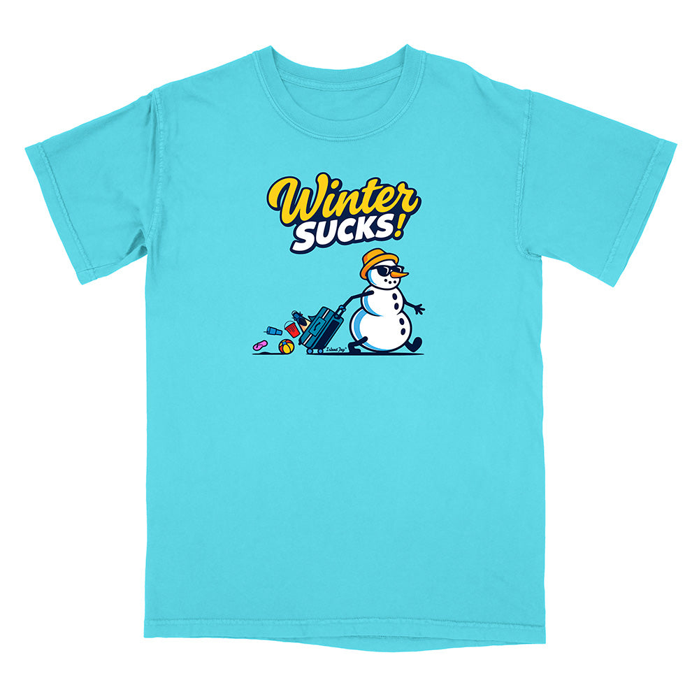 Light blue t-shirt with a snowman graphic and 'Winter Sucks!' text on a white background