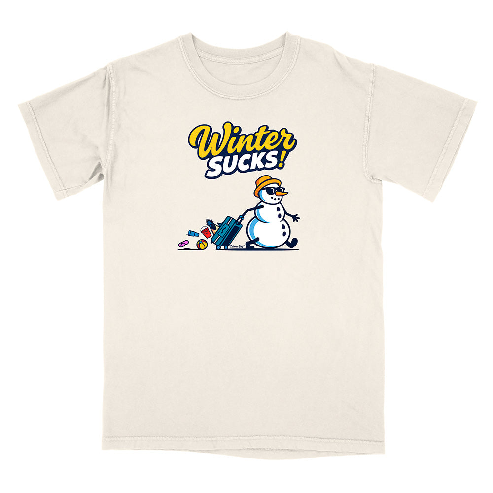 Beige t-shirt with a snowman graphic and 'Winter Sucks!' text on a white background