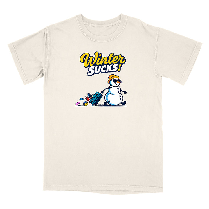 Beige t-shirt with a snowman graphic and 'Winter Sucks!' text on a white background