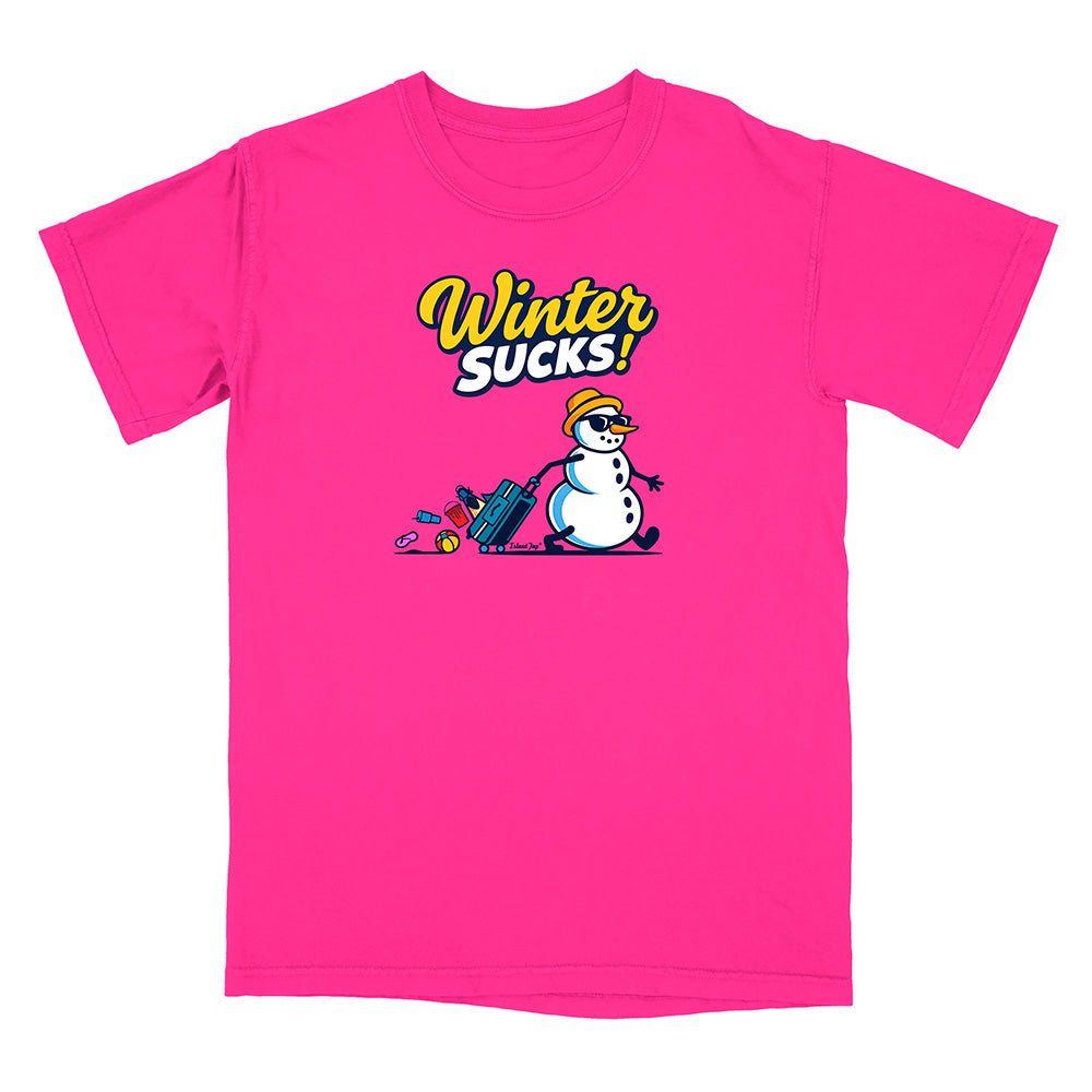 Pink t-shirt with a snowman graphic and 'Winter Sucks!' text on a white background