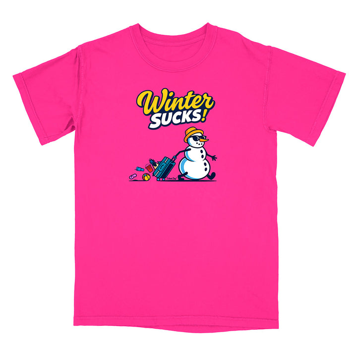 Pink t-shirt with a snowman graphic and 'Winter Sucks!' text on a white background