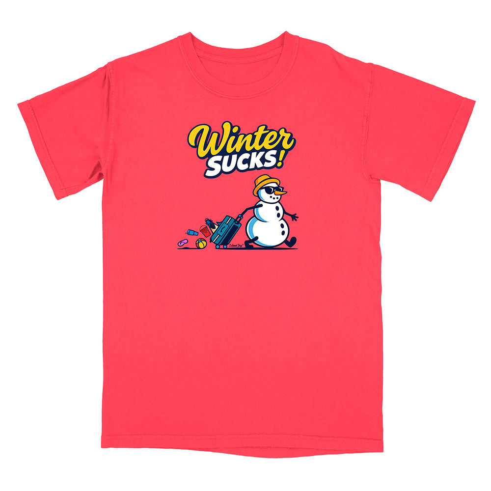 Red t-shirt with a snowman graphic and 'Winter Sucks!' text on a white background