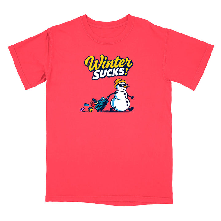 Red t-shirt with a snowman graphic and 'Winter Sucks!' text on a white background