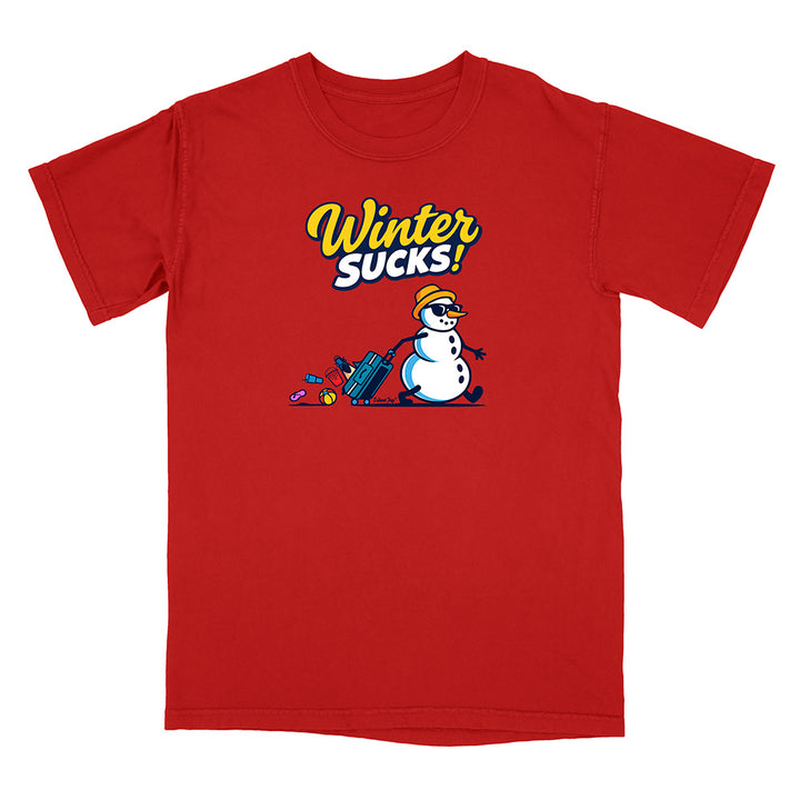 Red t-shirt with a snowman graphic and 'Winter Sucks!' text on a white background