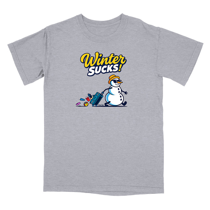 Gray t-shirt with a snowman graphic and 'Winter Sucks!' text on a white background