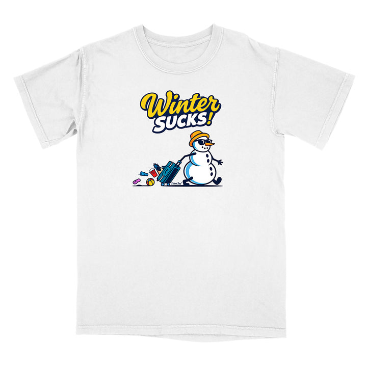 White t-shirt with a snowman graphic and 'Winter Sucks!' text on a white background
