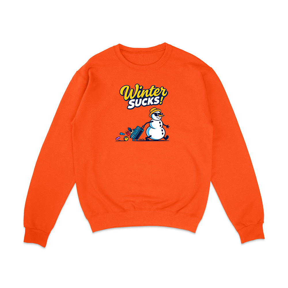 Orange sweatshirt with a snowman graphic and 'Winter Sucks!' text on a white background