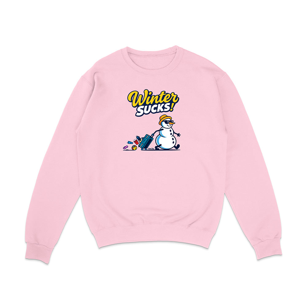Pink sweatshirt with a snowman graphic and 'Winter Sucks!' text on a white background