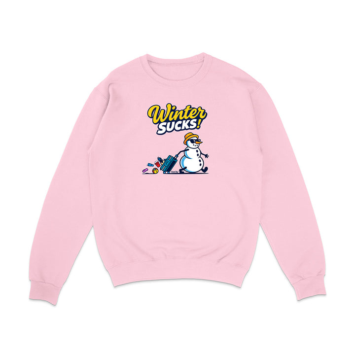 Pink sweatshirt with a snowman graphic and 'Winter Sucks!' text on a white background