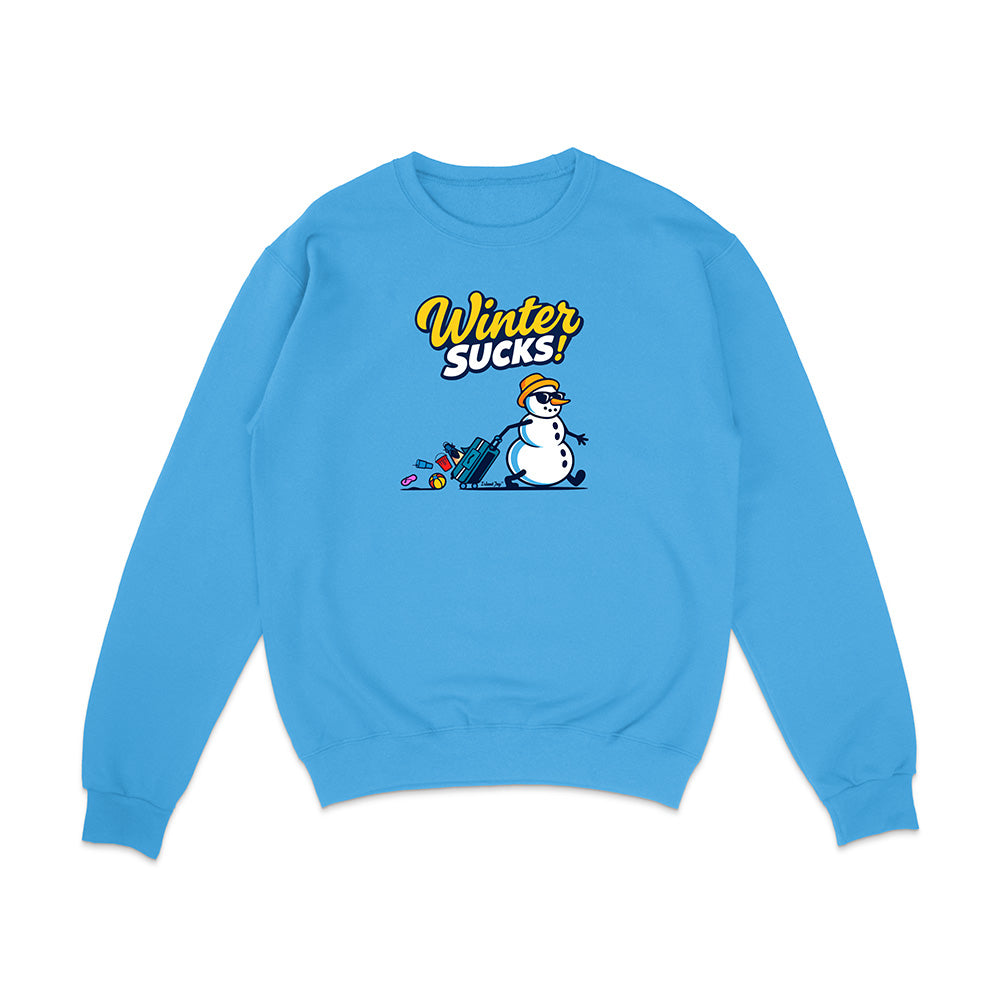 Blue sweatshirt with a snowman graphic and 'Winter Sucks!' text on a white background