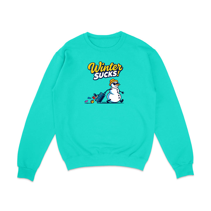 Turquoise sweatshirt with a snowman graphic and 'Winter Sucks!' text on a white background
