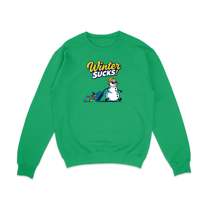 Green sweatshirt with a snowman graphic and 'Winter Sucks!' text on a white background