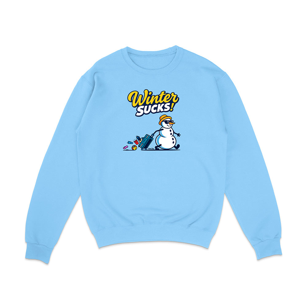 Light blue sweatshirt with a snowman graphic and 'Winter Sucks!' text on a white background