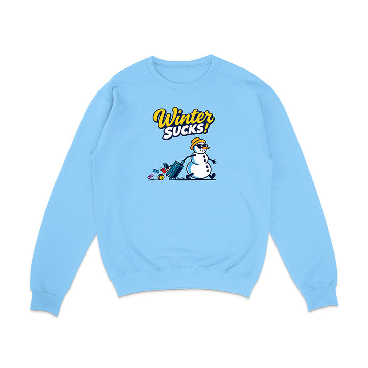 Light blue sweatshirt with a snowman graphic and 'Winter Sucks!' text on a white background