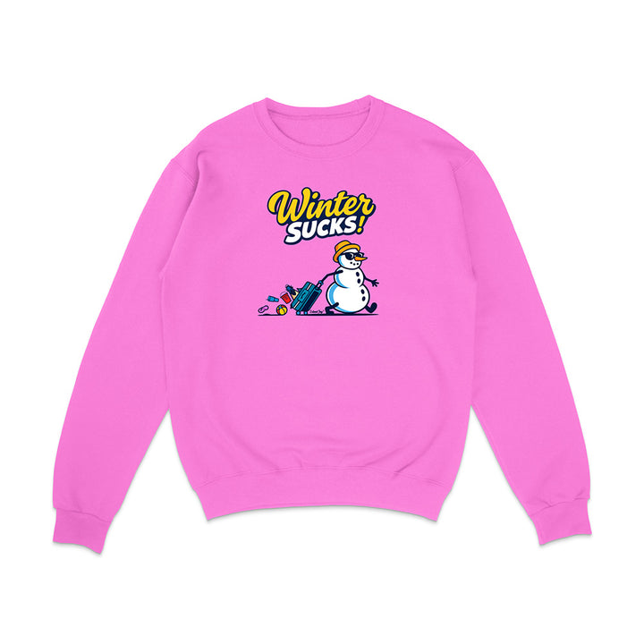 Pink sweatshirt with a snowman and 'Winter Sucks!' text on a white background