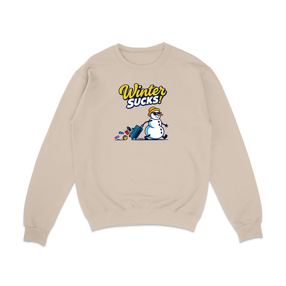 Beige sweatshirt with a snowman graphic and 'Winter Sucks!' text on a white background