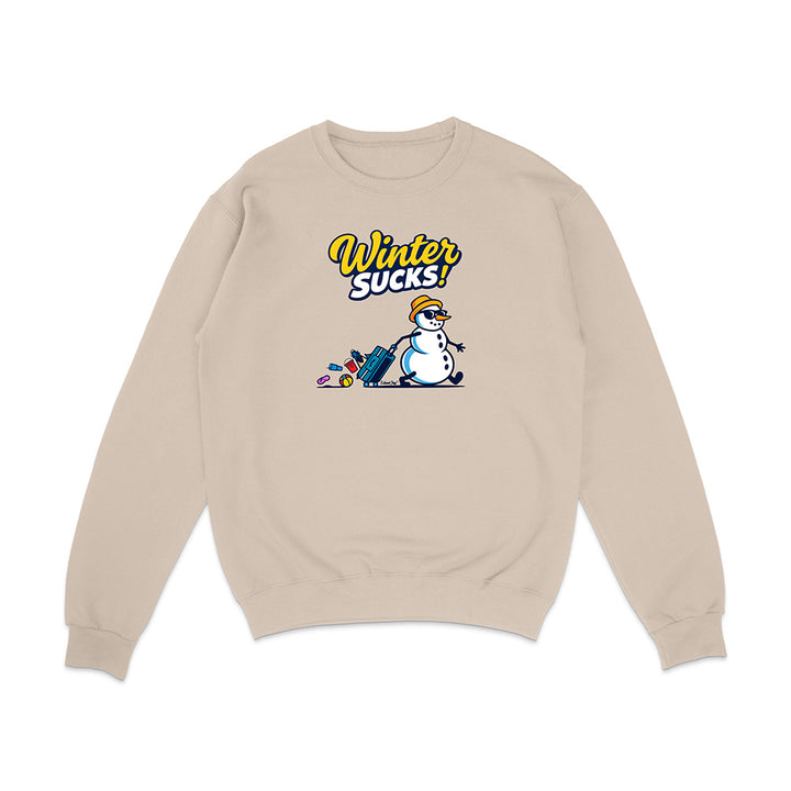 Beige sweatshirt with a snowman graphic and 'Winter Sucks!' text on a white background