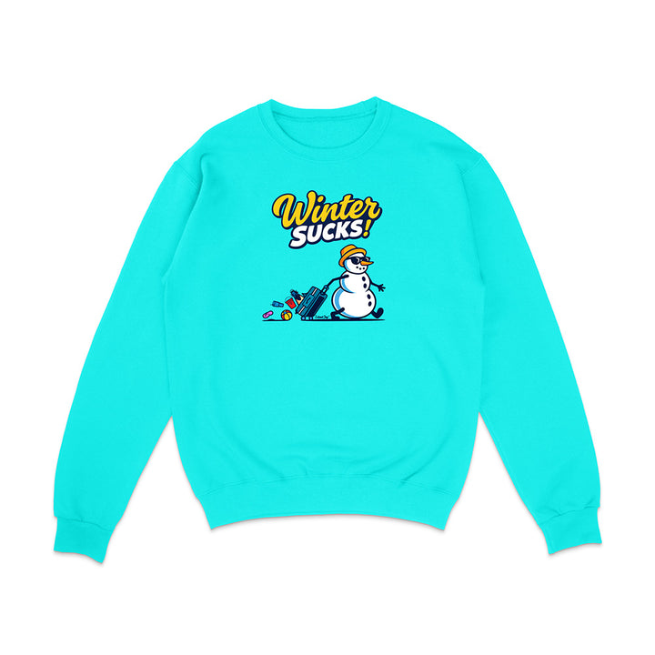 Turquoise sweatshirt with a snowman graphic and 'Winter Sucks!' text on a white background