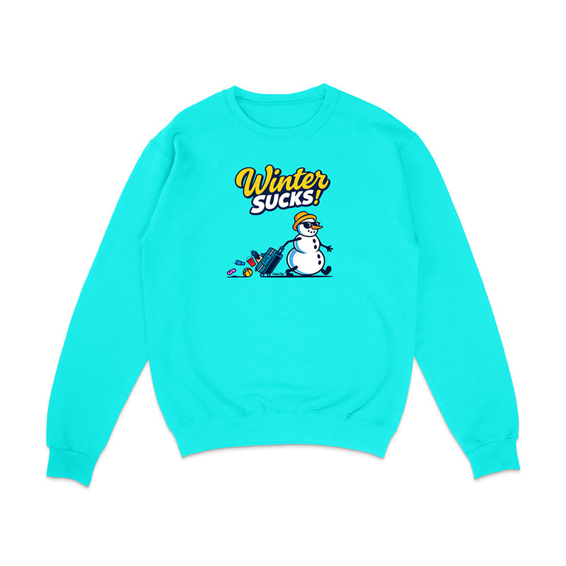 Turquoise sweatshirt with a snowman graphic and 'Winter Sucks!' text on a white background