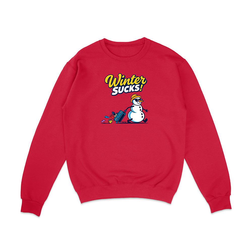 Red sweatshirt with a snowman graphic and 'Winter Sucks!' text on a white background