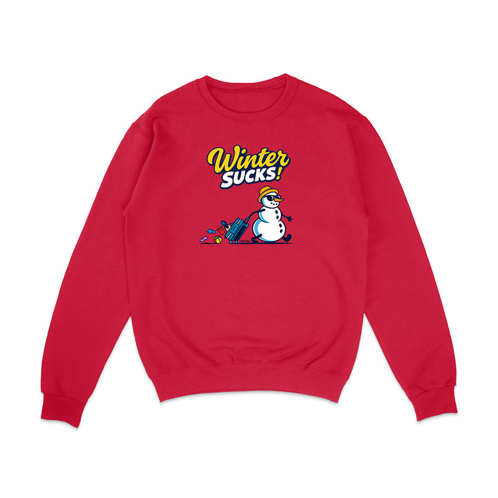 Red sweatshirt with a snowman graphic and 'Winter Sucks!' text on a white background