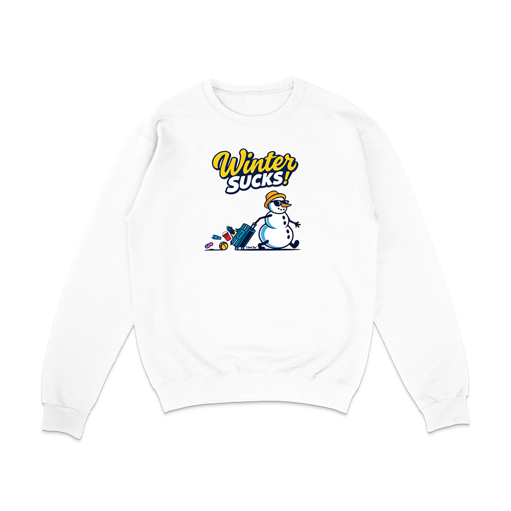 White sweatshirt with a snowman graphic and 'Winter Sucks!' text on a white background