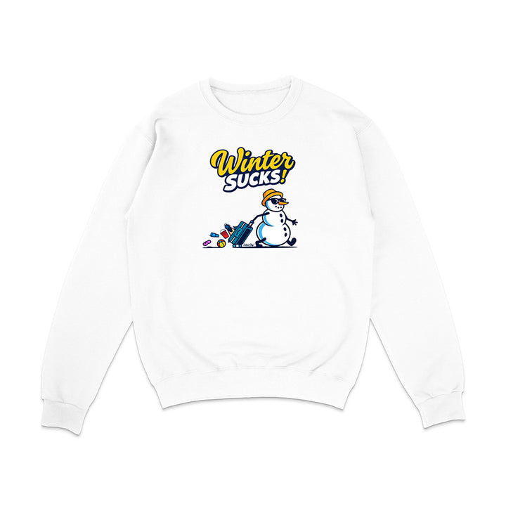 White sweatshirt with a snowman graphic and 'Winter Sucks!' text on a white background