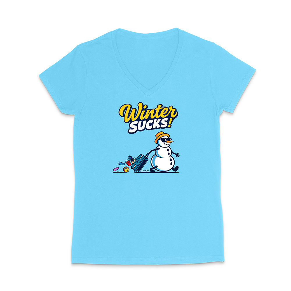 Light blue t-shirt with a snowman graphic and 'Winter Sucks!' text on a white background