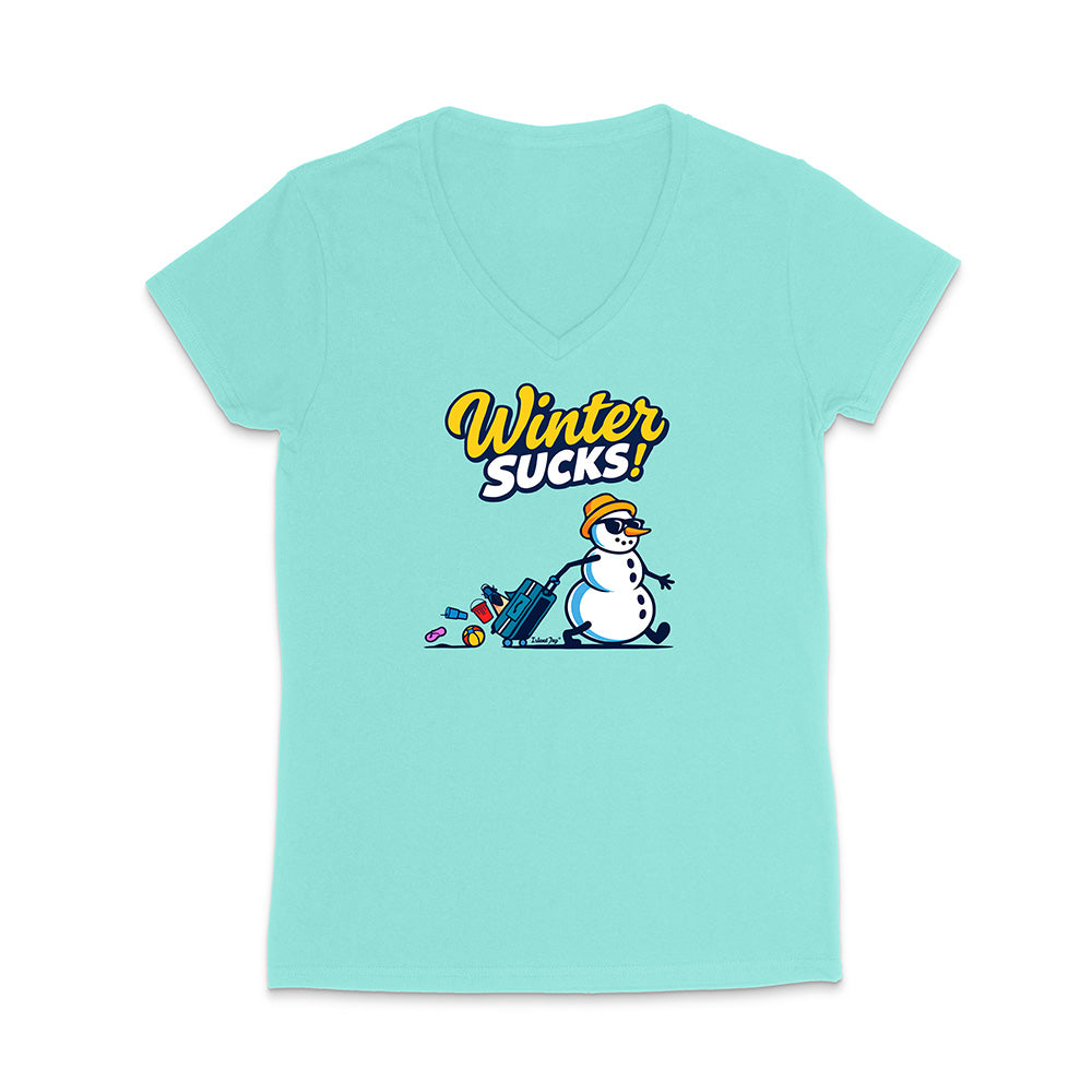 Light blue t-shirt with a snowman graphic and 'Winter Sucks!' text on a white background