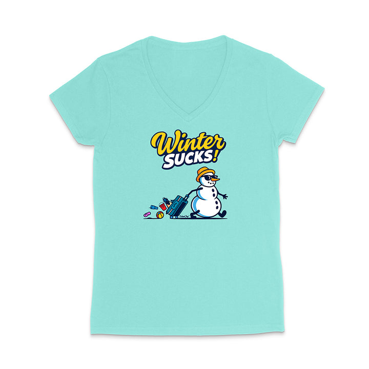 Light blue t-shirt with a snowman graphic and 'Winter Sucks!' text on a white background