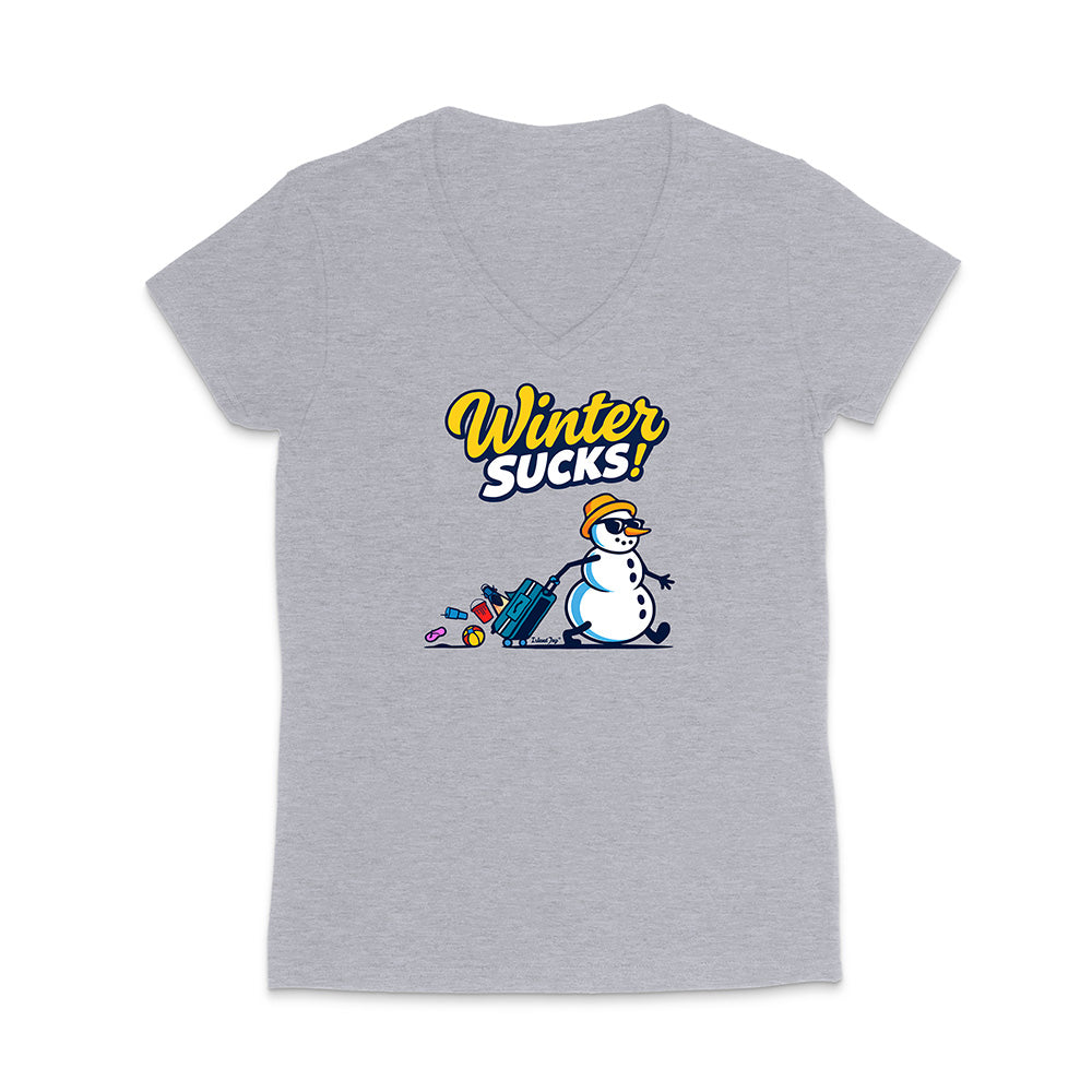 Gray t-shirt with a snowman and 'Winter Sucks!' text on a white background