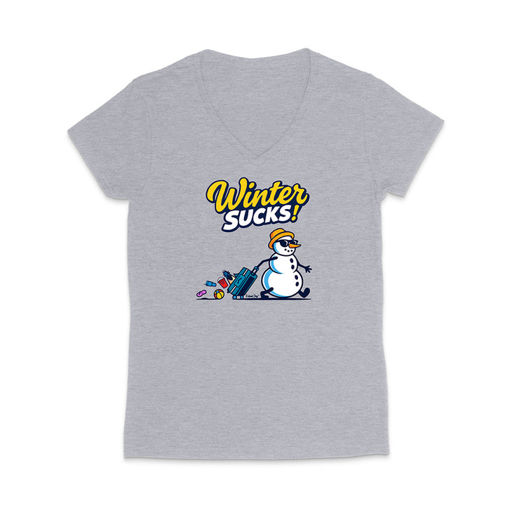 Gray t-shirt with a snowman and 'Winter Sucks!' text on a white background