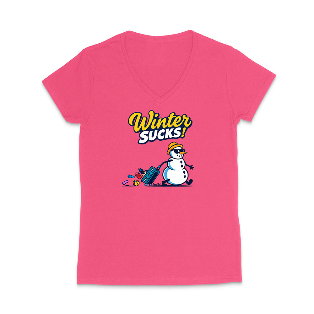 Pink V-neck t-shirt with a snowman graphic and 'Winter Sucks!' text on a white background