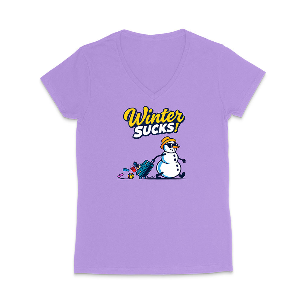 Purple V-neck t-shirt with a snowman graphic and 'Winter Sucks!' text on a white background