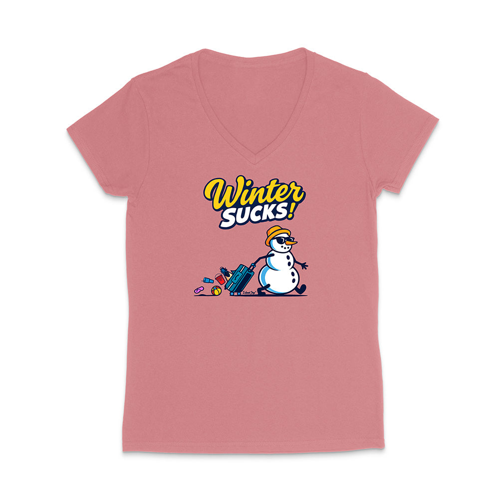 Pink V-neck t-shirt with a snowman graphic and 'Winter Sucks!' text on a white background