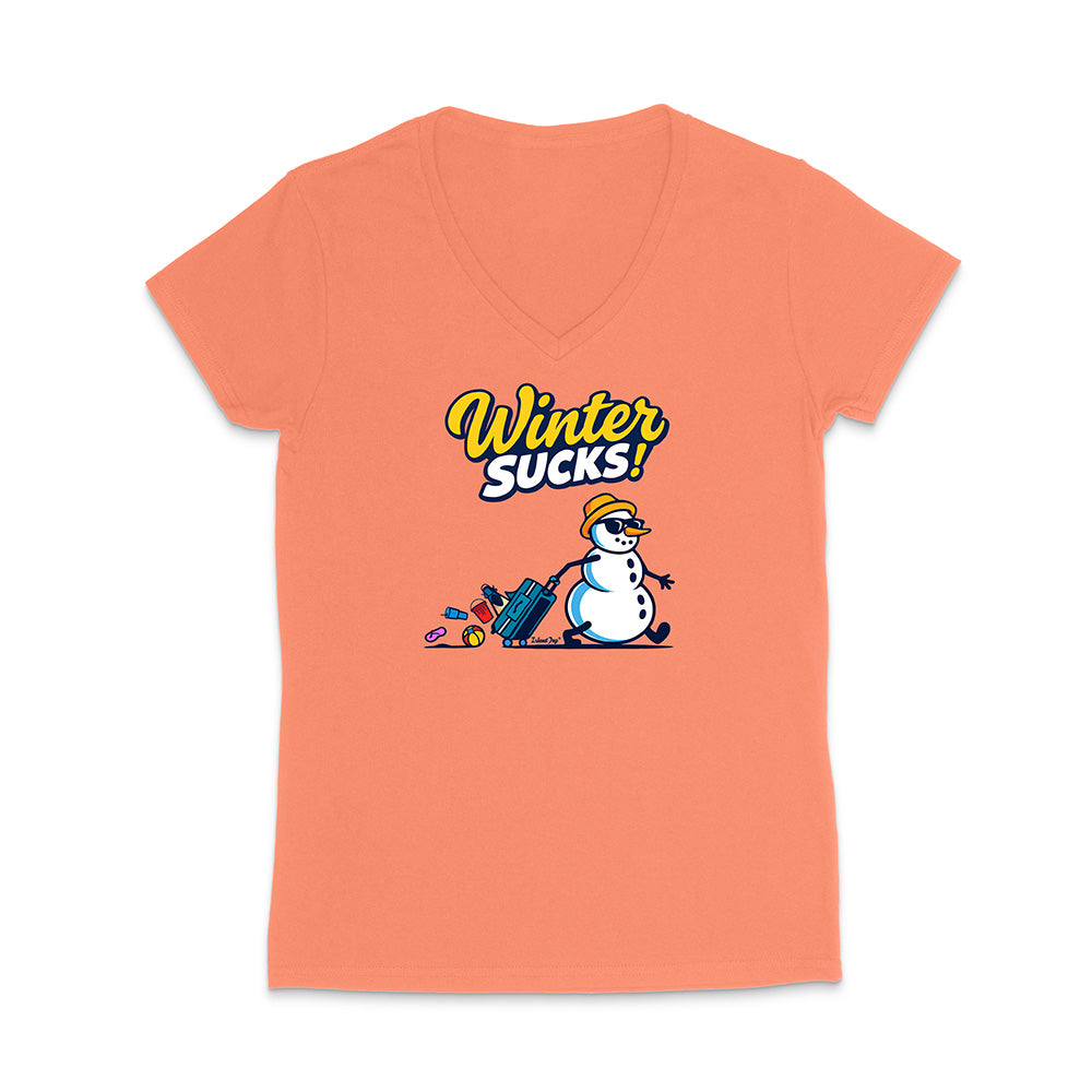 Coral t-shirt with a snowman graphic and 'Winter Sucks!' text on a white background