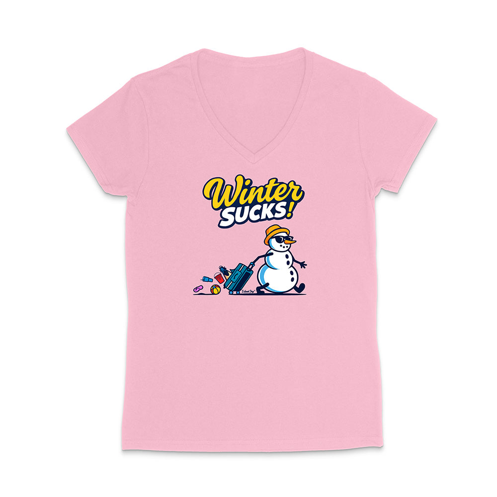 Pink V-neck t-shirt with a snowman graphic and 'Winter Sucks!' text on a white background