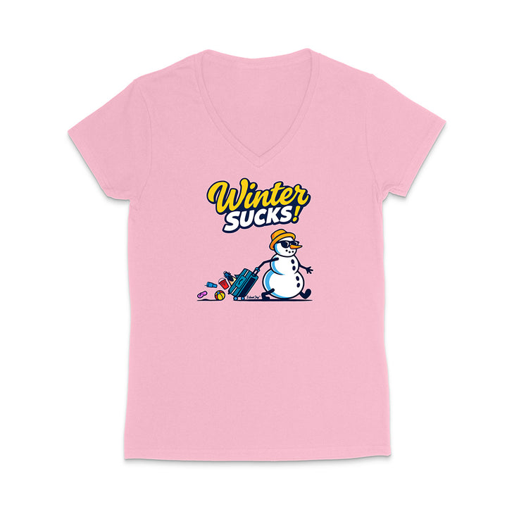 Pink V-neck t-shirt with a snowman graphic and 'Winter Sucks!' text on a white background