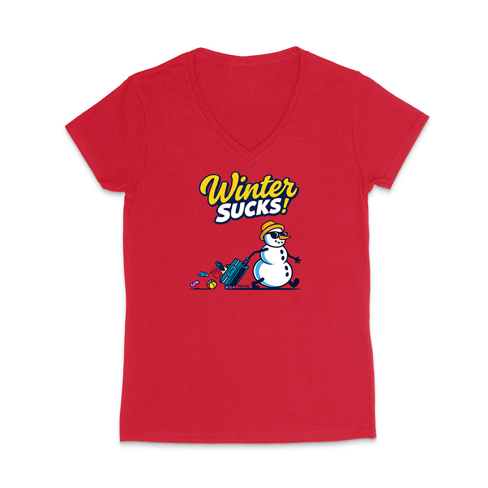 Red V-neck t-shirt with a snowman graphic and 'Winter Sucks!' text on a white background