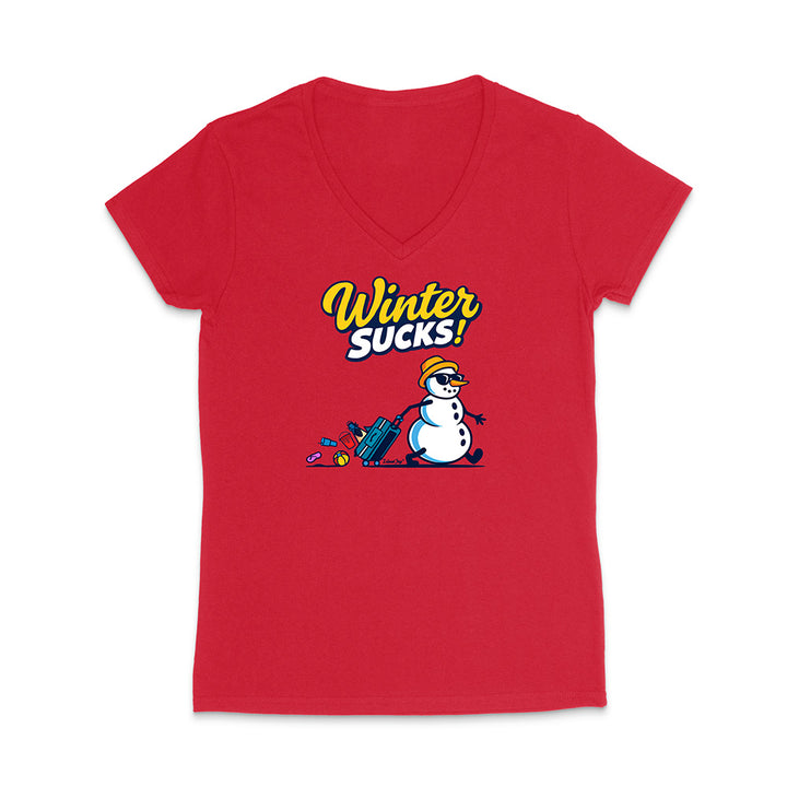 Red V-neck t-shirt with a snowman graphic and 'Winter Sucks!' text on a white background