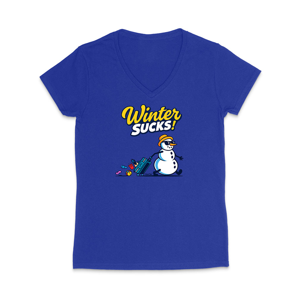 Blue t-shirt with a snowman graphic and 'Winter Sucks!' text on a white background