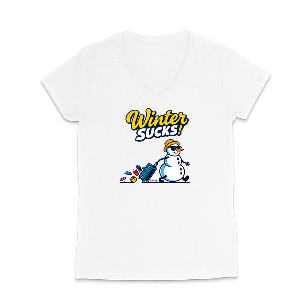 White t-shirt with a snowman graphic and 'Winter Sucks!' text on a white background
