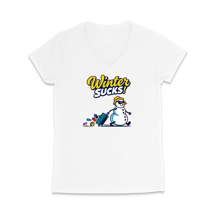 White t-shirt with a snowman graphic and 'Winter Sucks!' text on a white background
