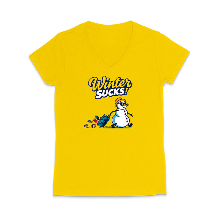 Yellow t-shirt with a snowman graphic and 'Winter Sucks!' text on a white background