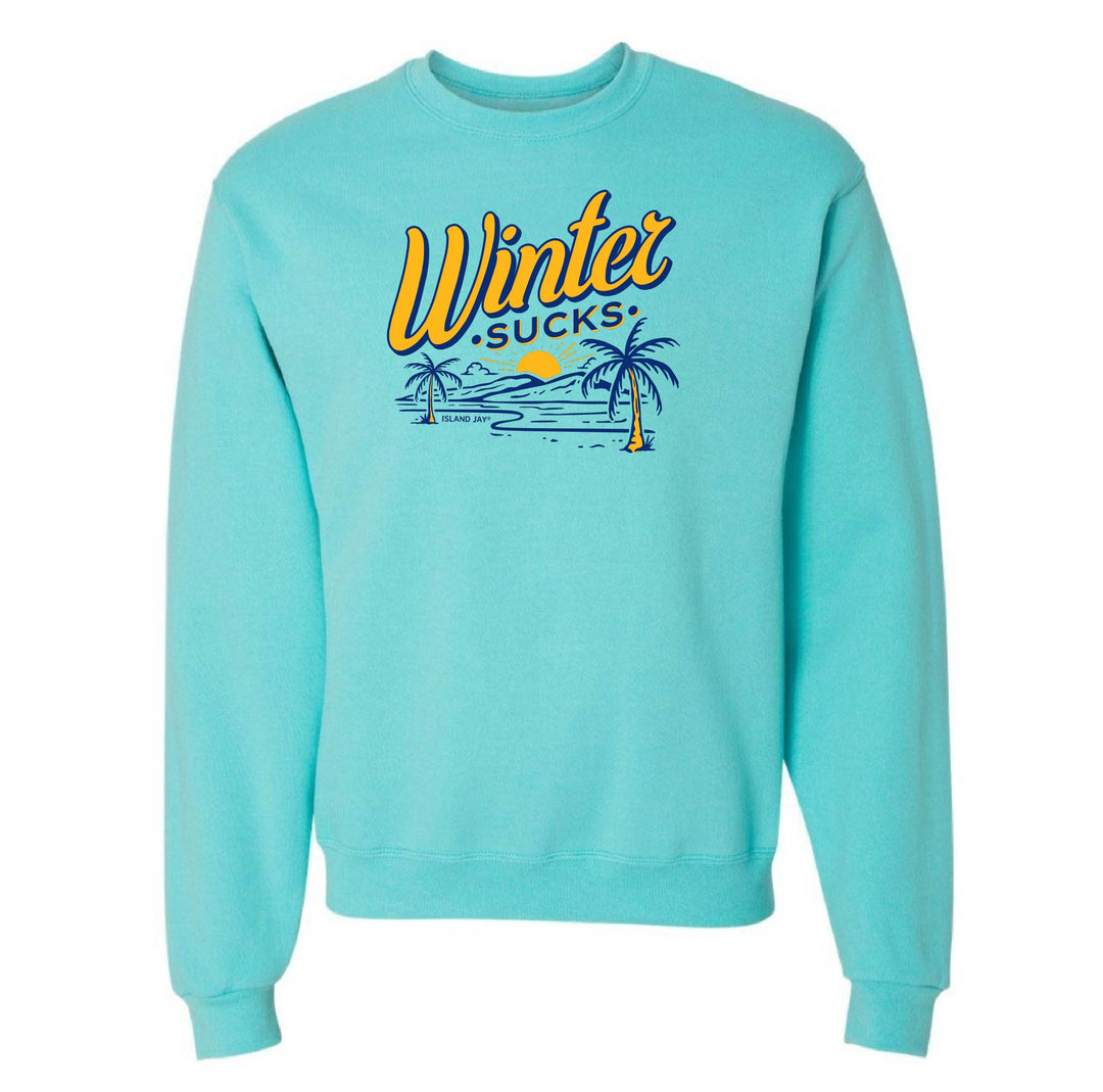 Turquoise sweatshirt with 'Winter Sucks' text and palm tree graphics on a white background