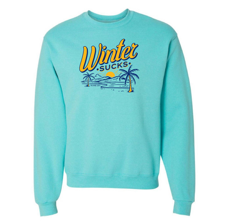 Turquoise sweatshirt with 'Winter Sucks' text and palm tree graphics on a white background