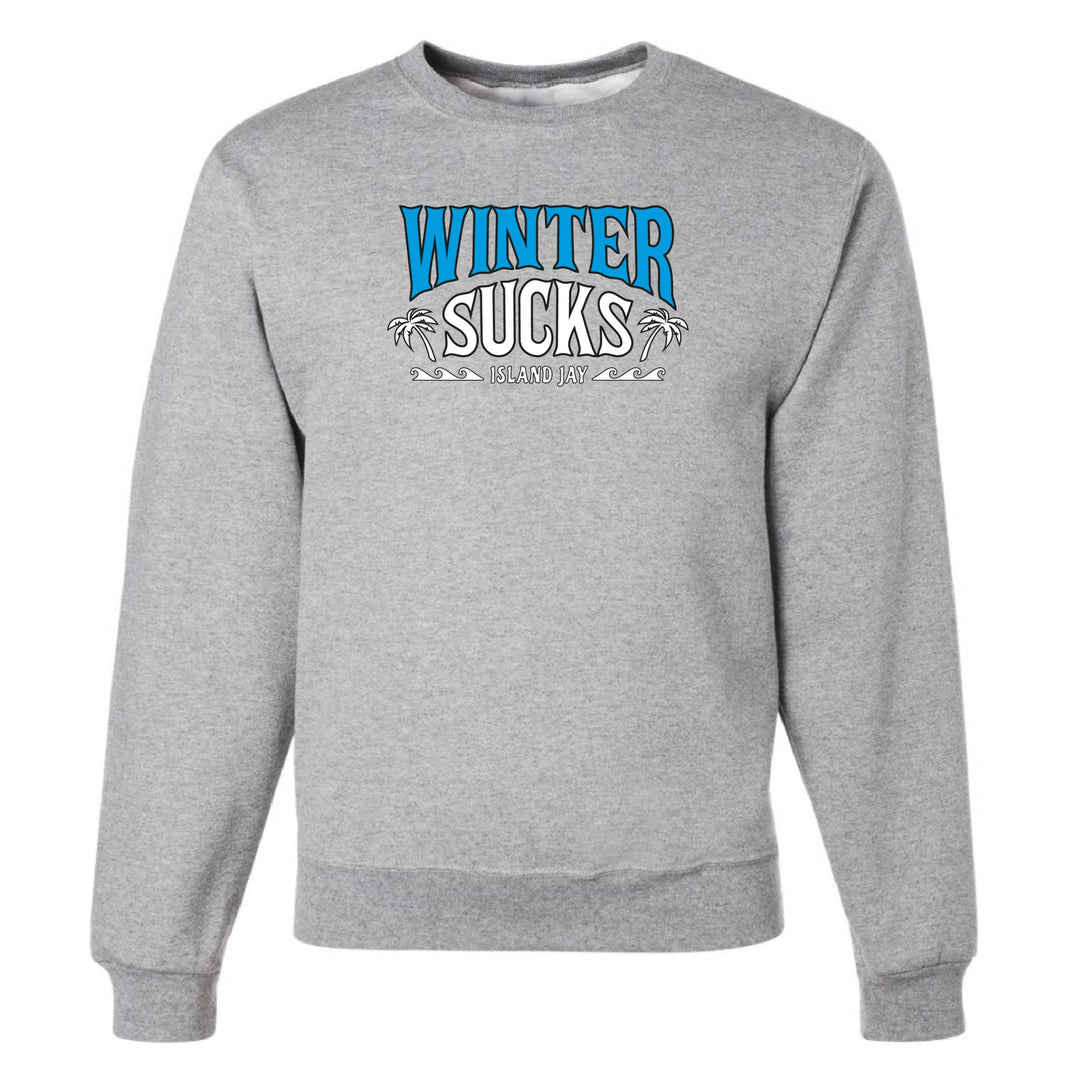Gray sweatshirt with 'Winter Sucks' text on a white background