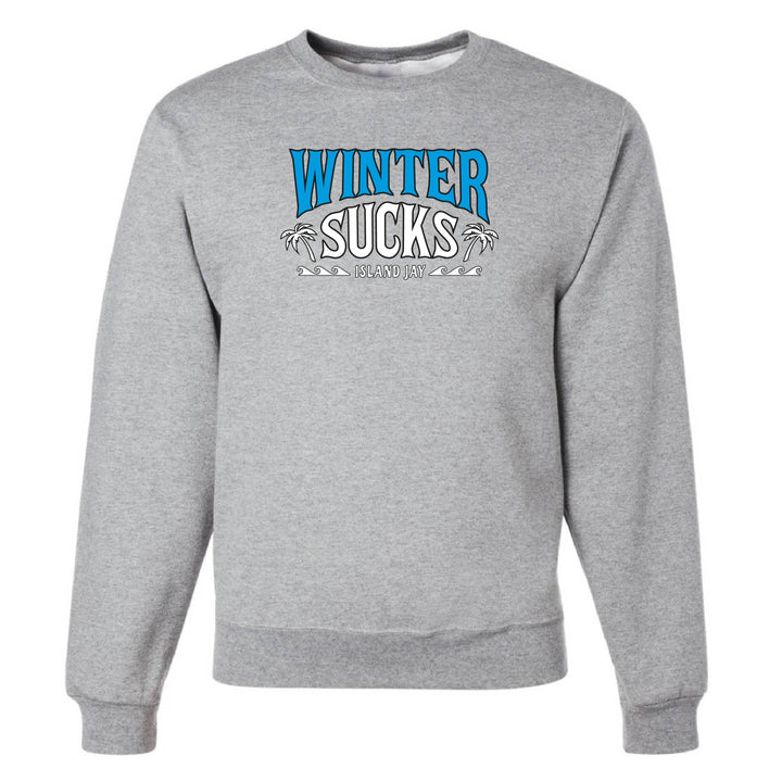 Gray sweatshirt with 'Winter Sucks' text on a white background