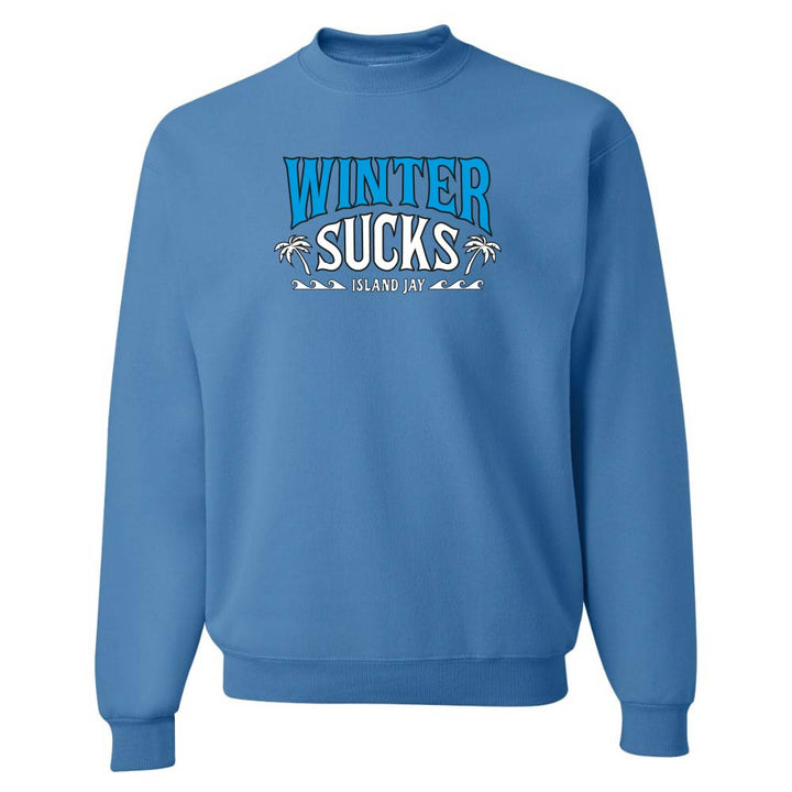 Blue sweatshirt with 'Winter Sucks' text on a white background
