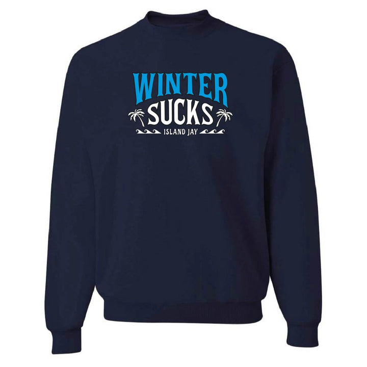 Navy blue sweatshirt with 'Winter Sucks' text on a white background